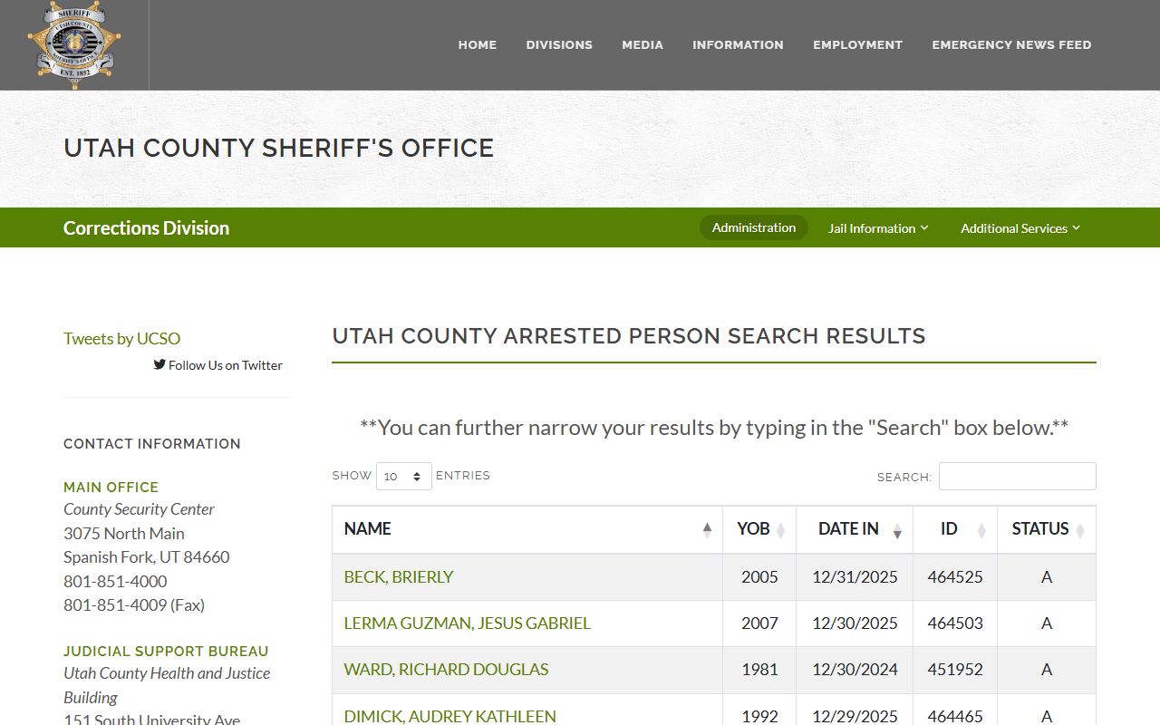 Utah County inmate records current tracked inmate result table