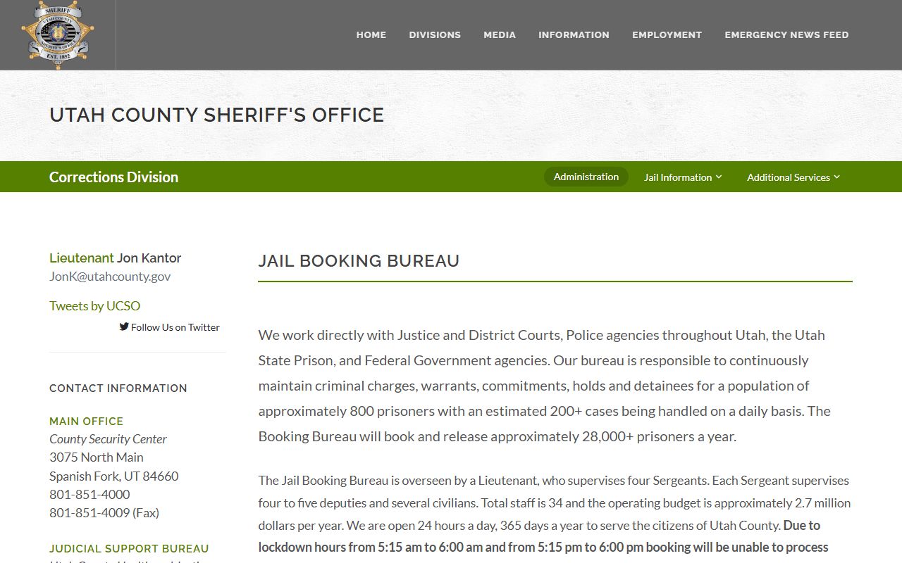 Utah County Jail booking bureau inmate custody information