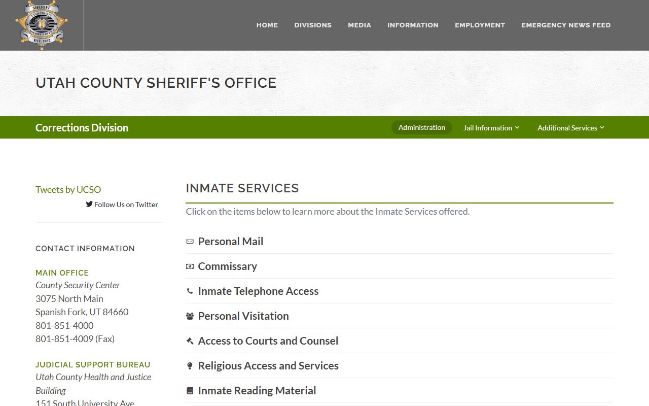 Utah County Jail inmate services commissary phone and video information