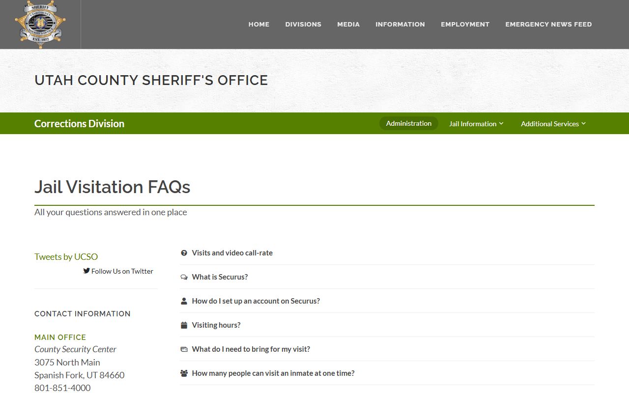 Utah County Jail visitation and inmate video visit rules